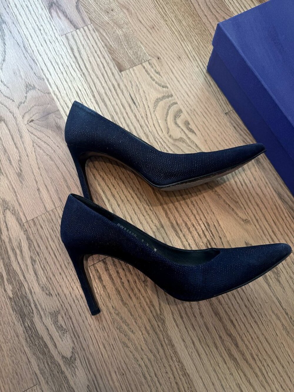 Stuart Weitzman Navy Shimmer Suede Pointed Toe Stiletto Pumps Size 9.5 Wide